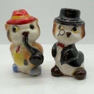 Vintage Anthropomorphic Owl Detectives Salt Pepper Shakers Birds Japan Colorful